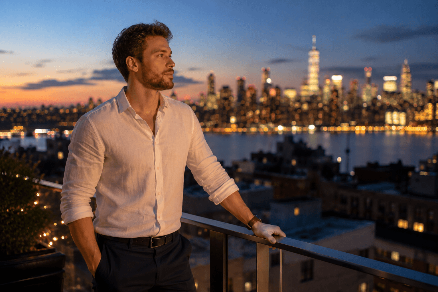 Profissional brasileiro olhando o horizonte de Manhattan ao entardecer, simbolizando a aspiração de viver e trabalhar nos EUA