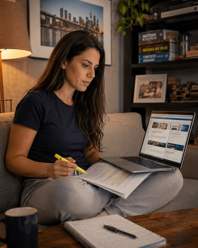 Profissional brasileira pesquisando opções de visto em seu laptop