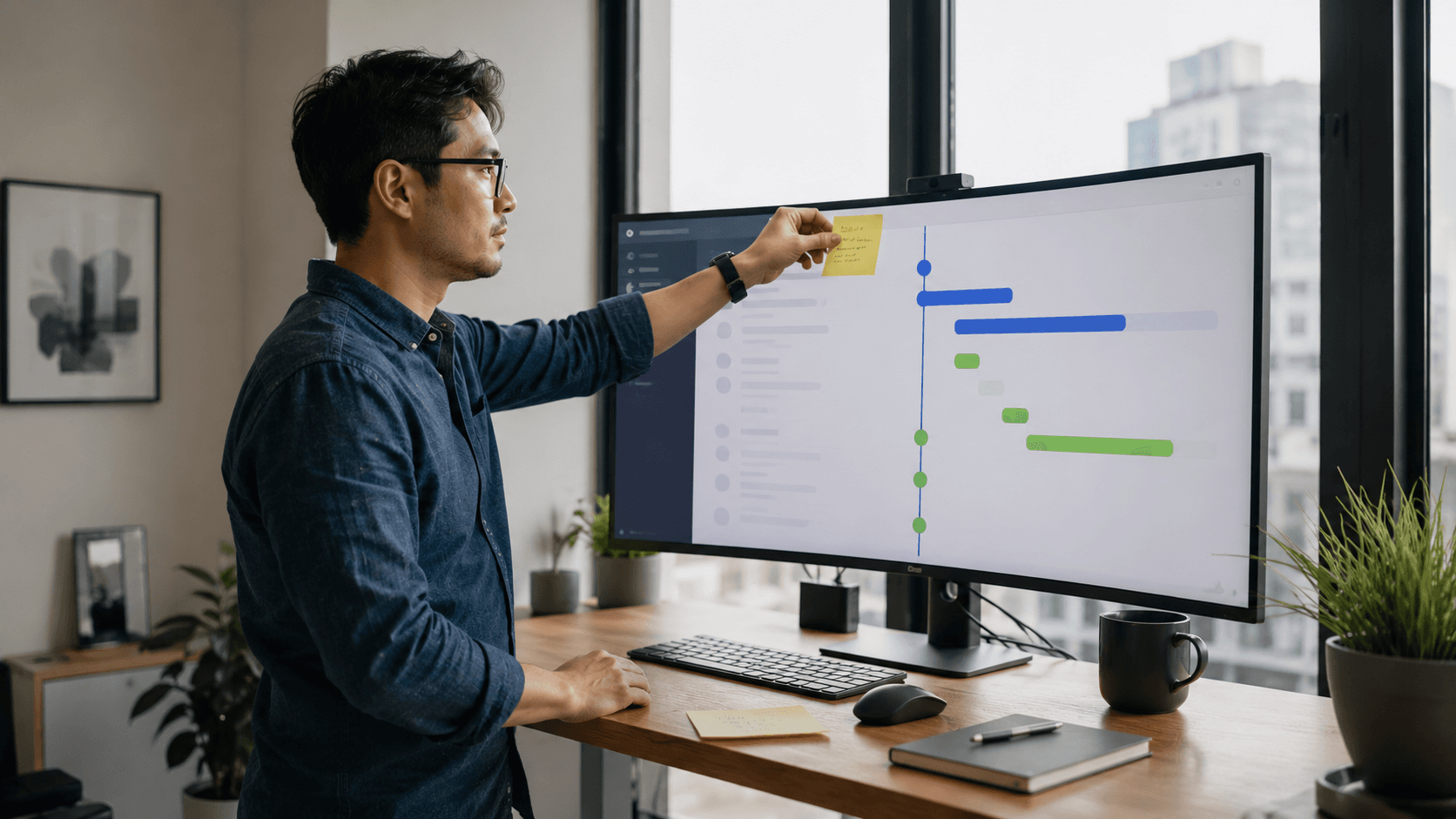 Engenheiro brasileiro-japonês analisando linha do tempo de processo de visto em monitor