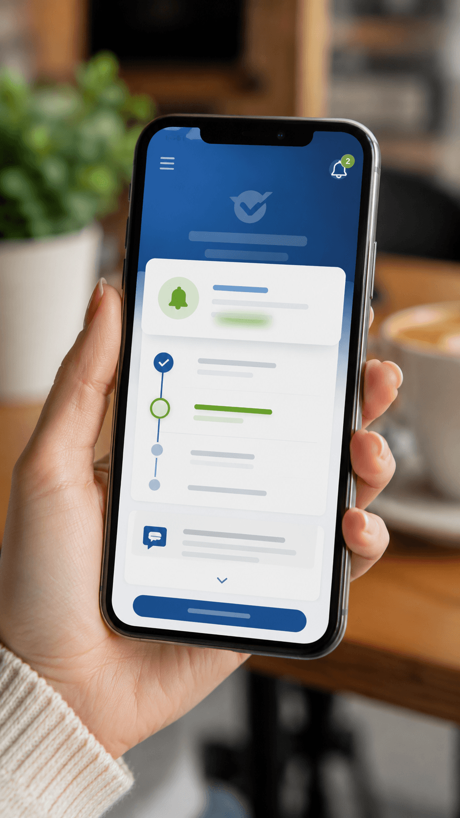 Mão segurando smartphone com notificação de atualização de status do processo de visto