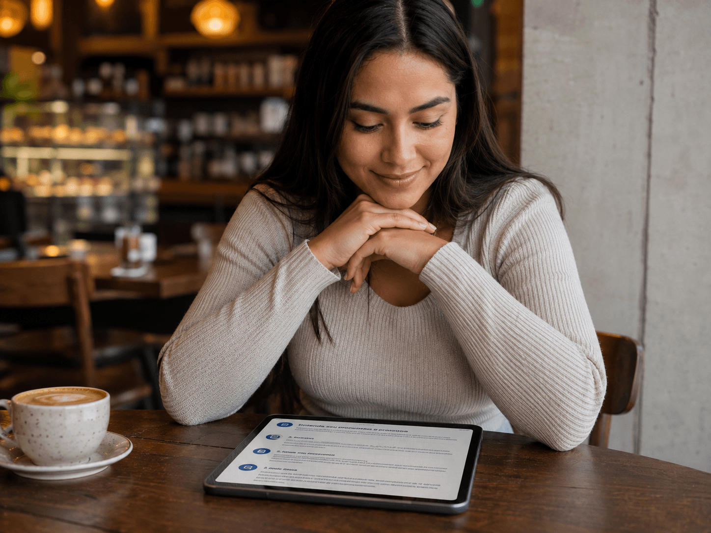 Brasileira lendo informações de imigração em seu tablet em português