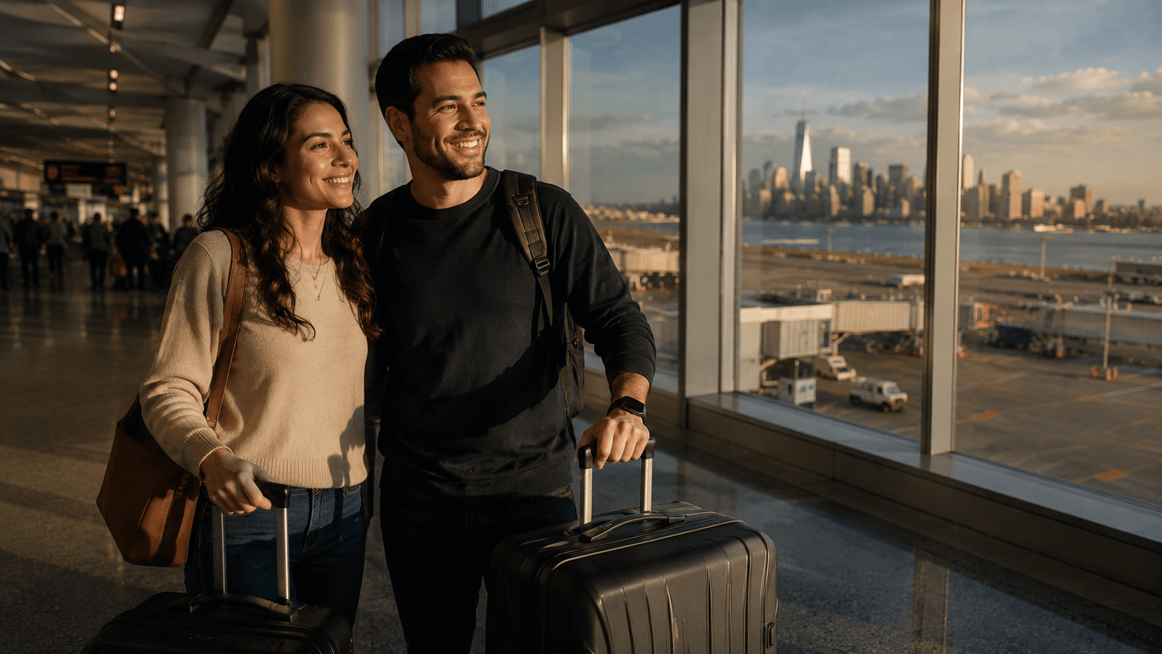 Família brasileira chegando ao aeroporto dos EUA com malas, expressão de alegria e alívio após longa jornada