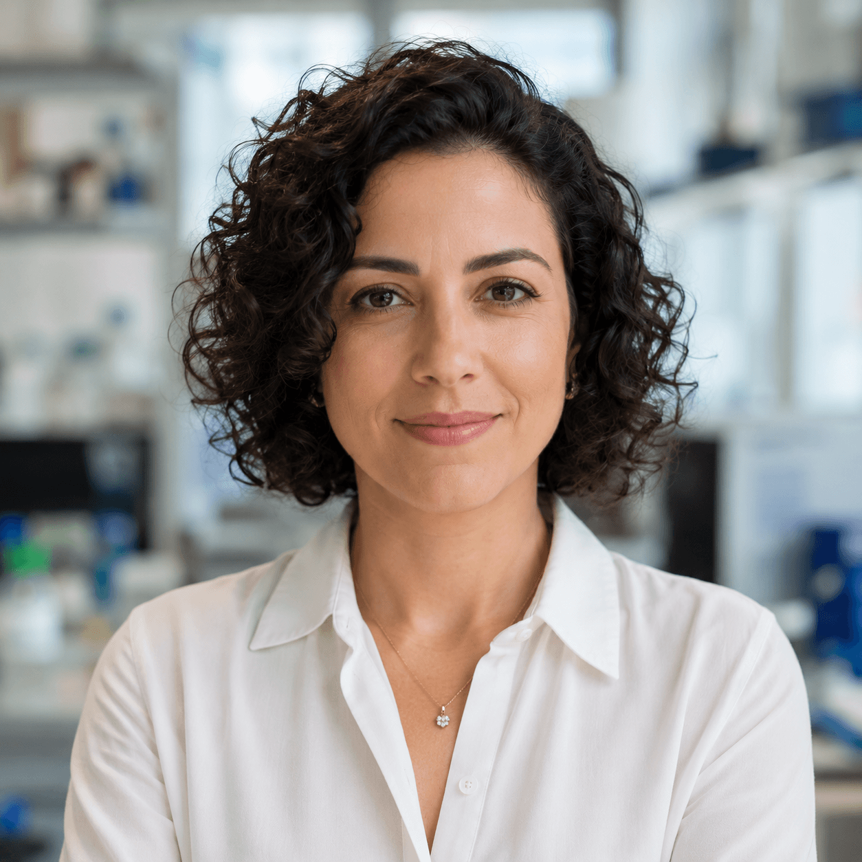 Pesquisadora parda brasileira apresentando com confiança para colegas em laboratório moderno